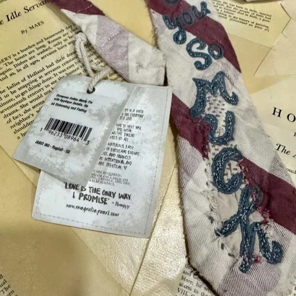 Magnolia Pearl Monty Tie Jabot "Love You So Much" Embroidered Red Tan Stripe - Picture 4 of 6